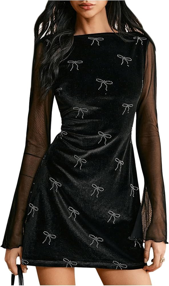 Milumia Women's Rhinestone Bow Velvet Dress Sheer Mesh Long Sleeve Mini Dresses | Amazon (US)