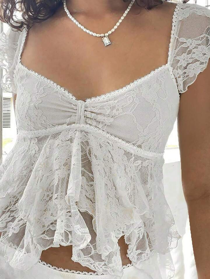 INAWLY Women's Elegant Solid Color Lace Asymmetric Hem T-Shirt, Summer , Babydoll Top | SHEIN