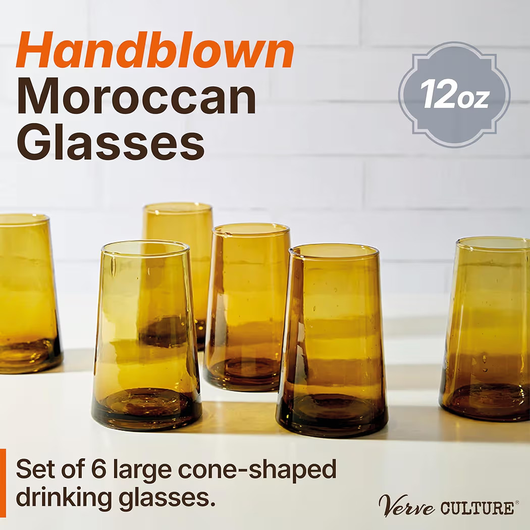 Verve CULTURE Moroccan Hand Blown Drinking Glasses, Authentic Moroccan Glassware and Drinkware, C... | Amazon (US)