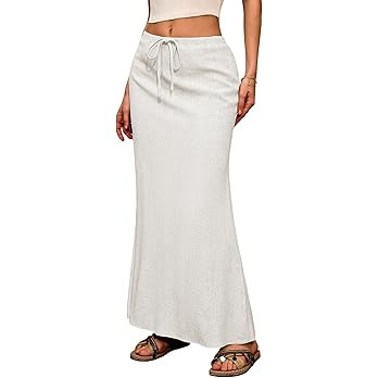 ELLEVEN Linen Flared Maxi Skirt with Back Slit - Elastic Waist Drawstring Long Flowy Ankle-Length... | Amazon (US)