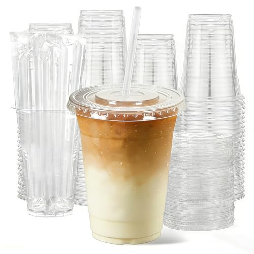 cundao 12oz Clear Plastic Cups with Lids and Straws 100 Pack | Amazon (US)