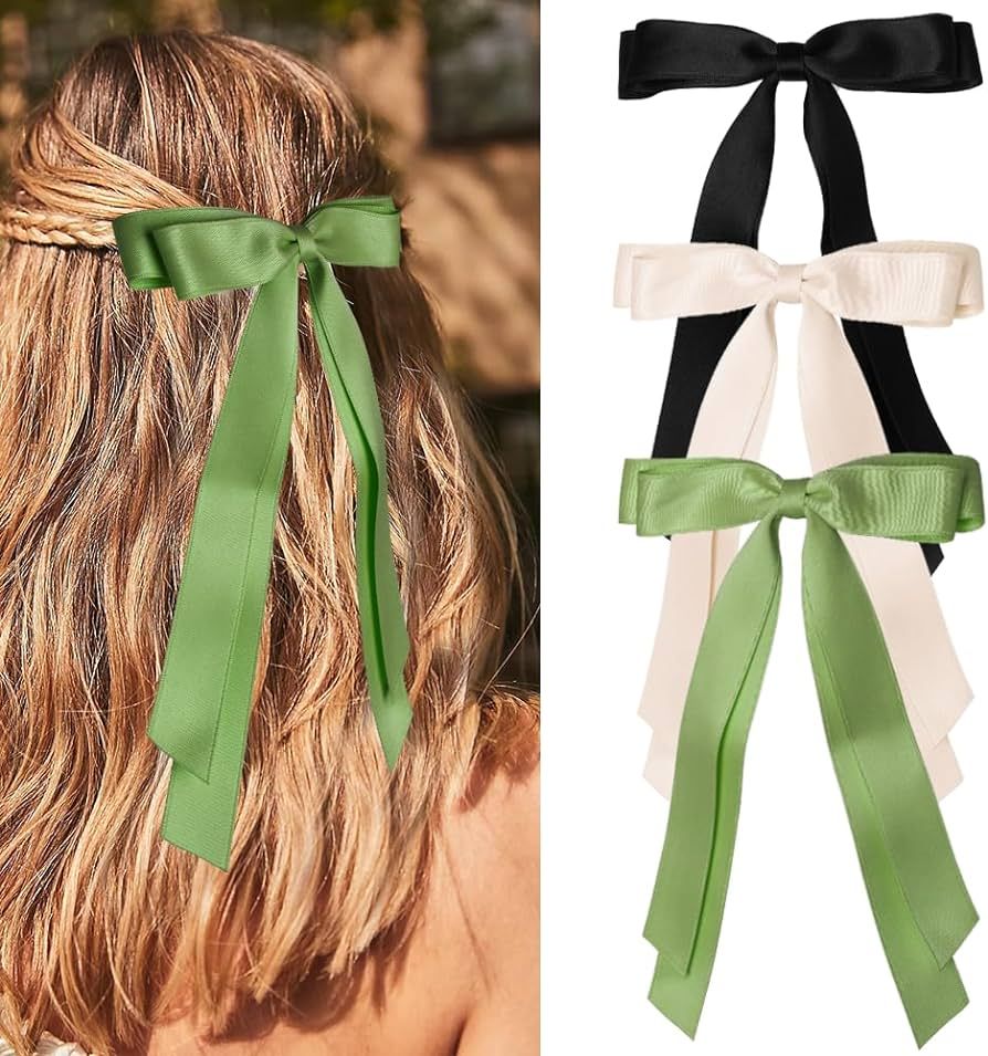 Hair Bows for Women Hair Ribbons 3Pcs Satin Bows for Hair Clips Double Layers Ribbon Clips Hair B... | Amazon (US)