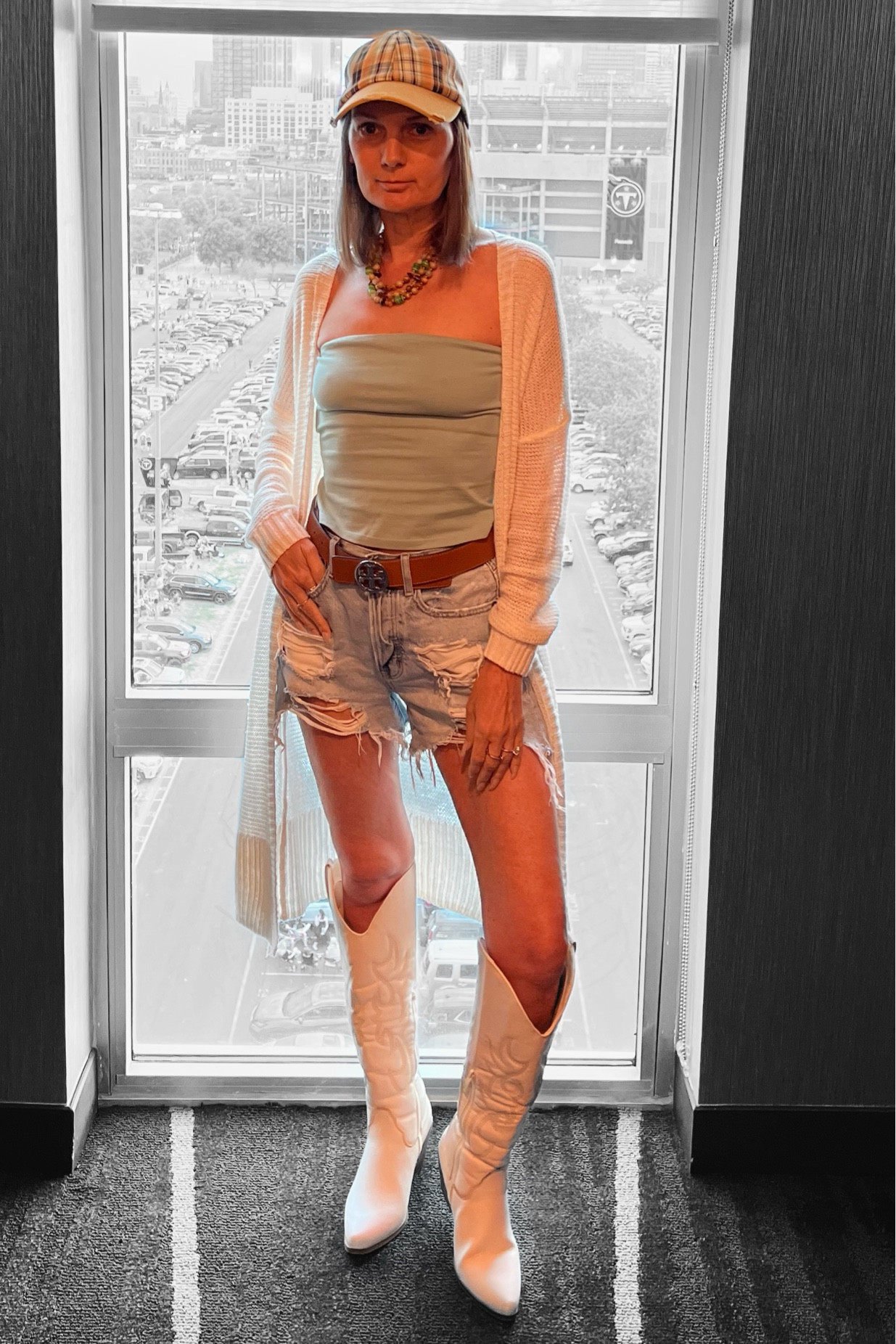 Concert ready…poor quality photo, high quality fun at CMA Fest in Nashville last month. This blue tube top and matching plaid print hat were perfect from Free People along with my necklace pairing so well also from Free People. I wore these adorable tall white cowgirl boots from Amazon multiple times, they are so good! Denim shorts from AE and reversible Tory Burch belt. 

Concert look/festival outfit/summer look/country girl/comfy look/fashionable/fashion/ball cap

#LTKstyletip #LTKFind #LTKunder50