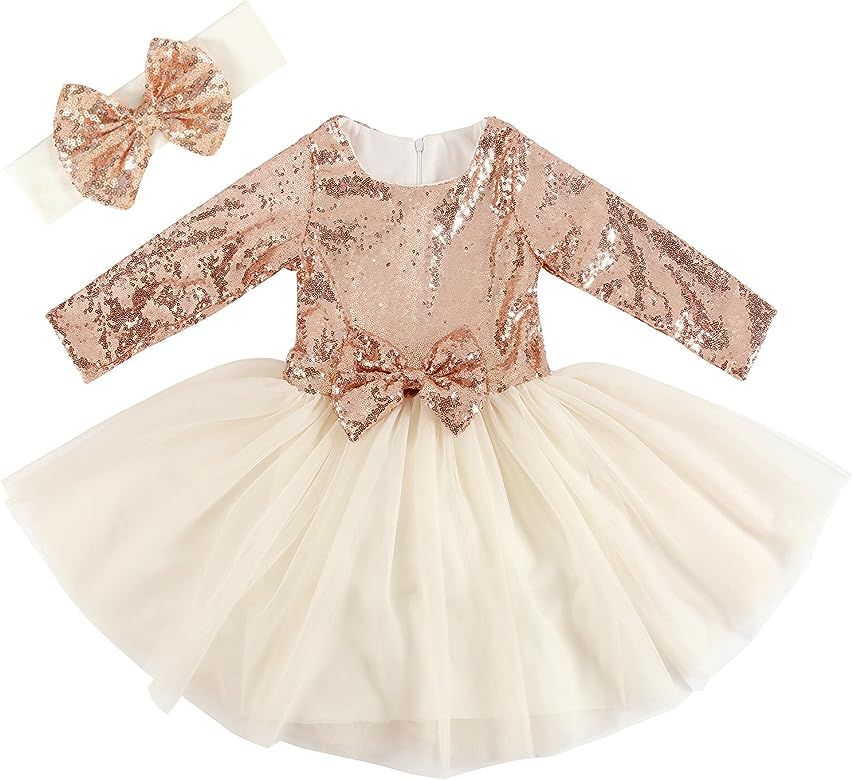 Flower Girl Dresses Toddlers Sequin Party Dress Tutu Prom Cocktail Gown Long Sleeve Rose Gold/Off... | Amazon (US)