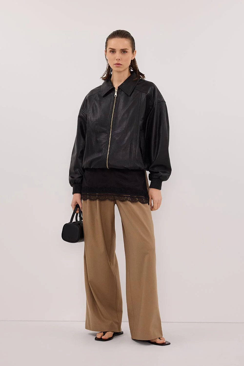 HUTTON BLACK LEATHER BOMBER JACKET | DISSH