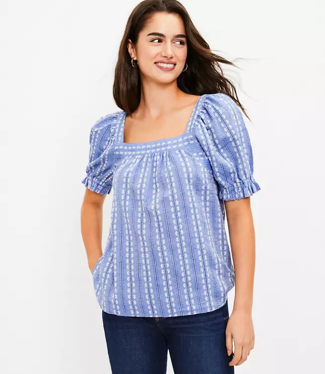Jacquard Puff Sleeve Square Neck Top | LOFT