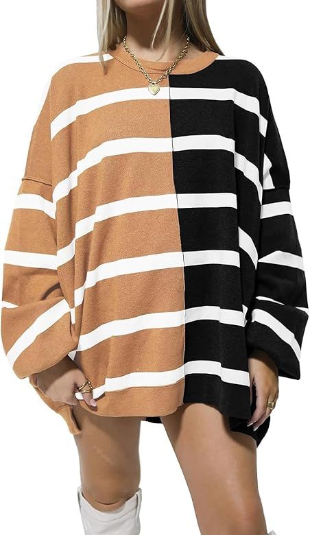 Sweaters for Women 2023 Fashion Striped Oversized Side Slit Color Block Casual Loose... | Amazon (US)