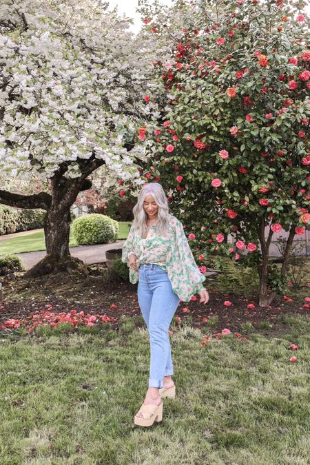 Mother’s Day outfit inspo, Green floral blouse. 
Pink blush code: MICAH.JULIET25OFF for 25% off Sitewide 🤩

Top: size small
Shoes: tts size 6 

#LTKSeasonal #LTKunder100 #LTKshoecrush