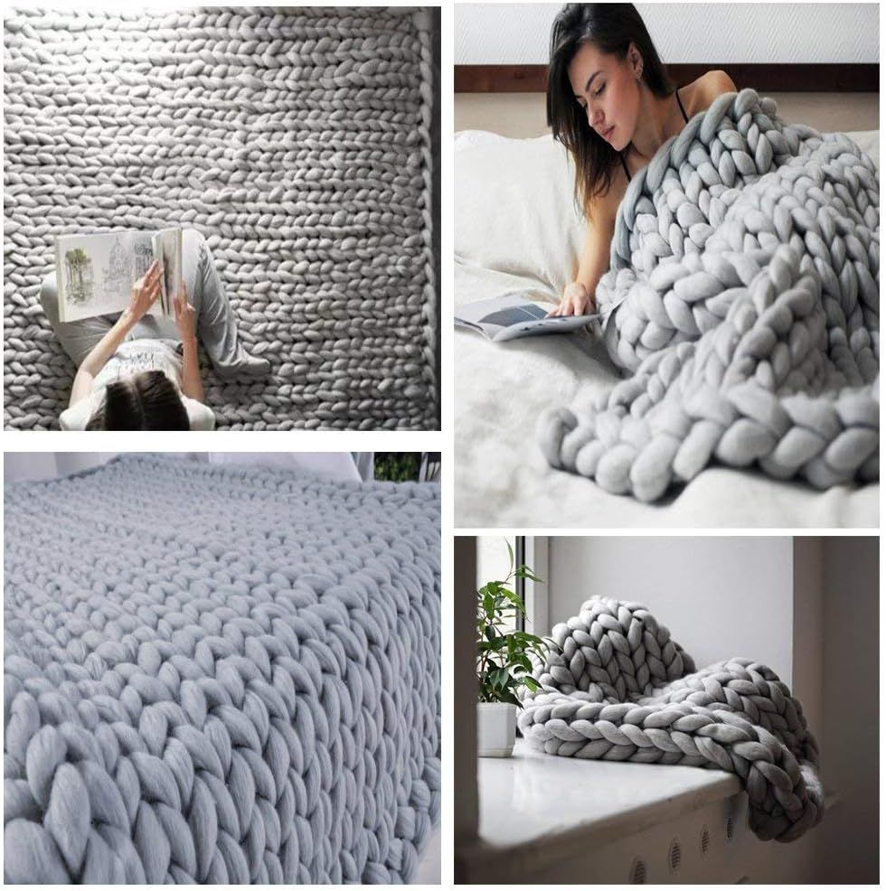 clootess Chunky Knit Blanket Merino Wool Hand Made Throw Boho Bedroom Home Decor Giant Yarn (Ligh... | Amazon (US)