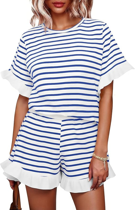 Tankaneo Womens 2 Piece Striped Shorts Set Ruffle Short Sleeve Tops Hight Waist Shorts Matching S... | Amazon (US)