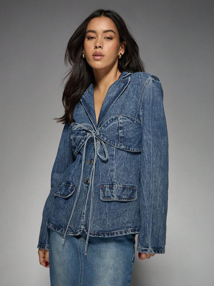 MISSGUIDED Stiff Shoulders Cinched Waist Fitted Denim Jacket With Corset Belt | SHEIN
