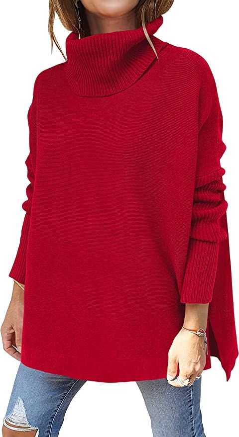 ANRABESS Women's Turtleneck Oversized 2022 Long Batwing Sleeve Spilt Hem Knit Tunic Pullover Swea... | Amazon (US)