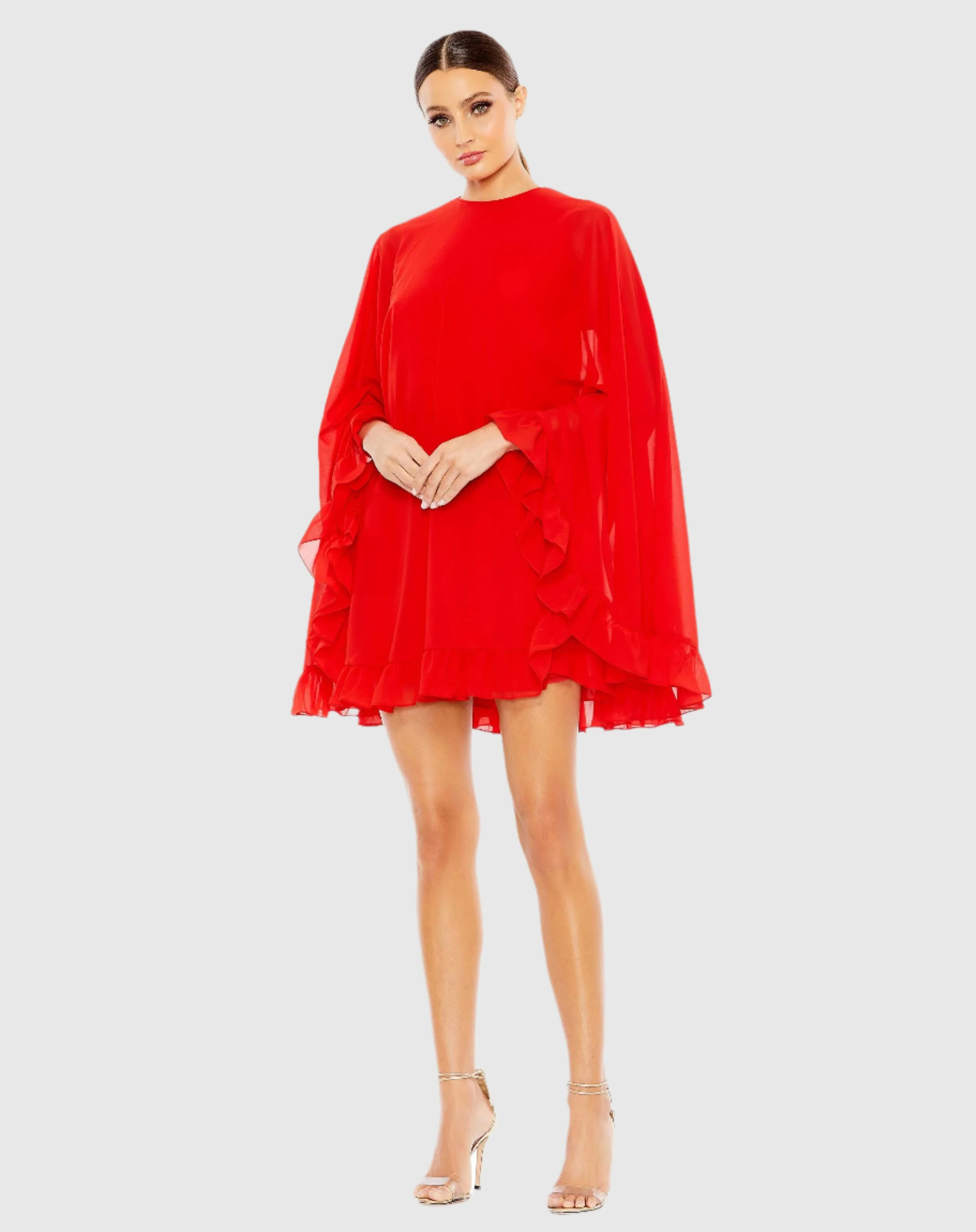 High Neck Ruffle Hem Cape Mini Dress | Mac Duggal