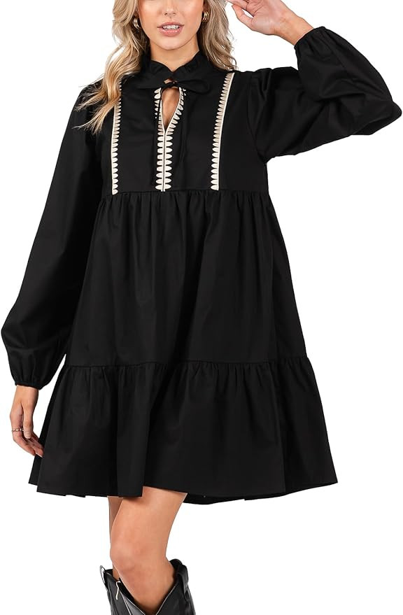 Women's Casual Long Sleeve Tie V Neck Ruffle Tiered A-Line Swing Boho Mini Dress with Pockets | Amazon (US)