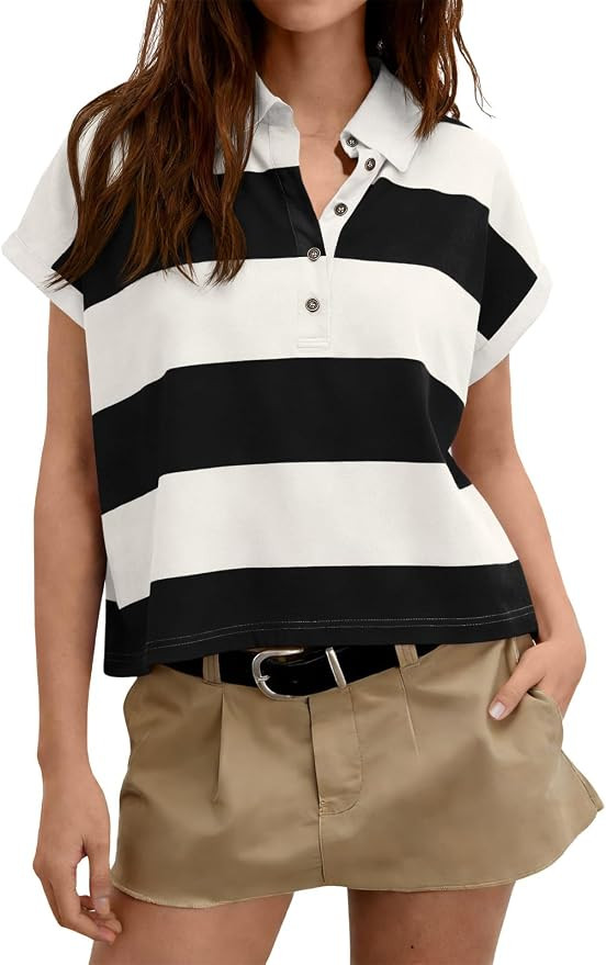 Tankaneo Womens Short Sleeve Rugby Shirt Collared Striped Polo Shirts Tops | Amazon (US)