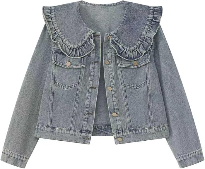 Xaspee Womens Peter Pan Collar Cropped Jean Jacket Floral Embroidered | Amazon (US)