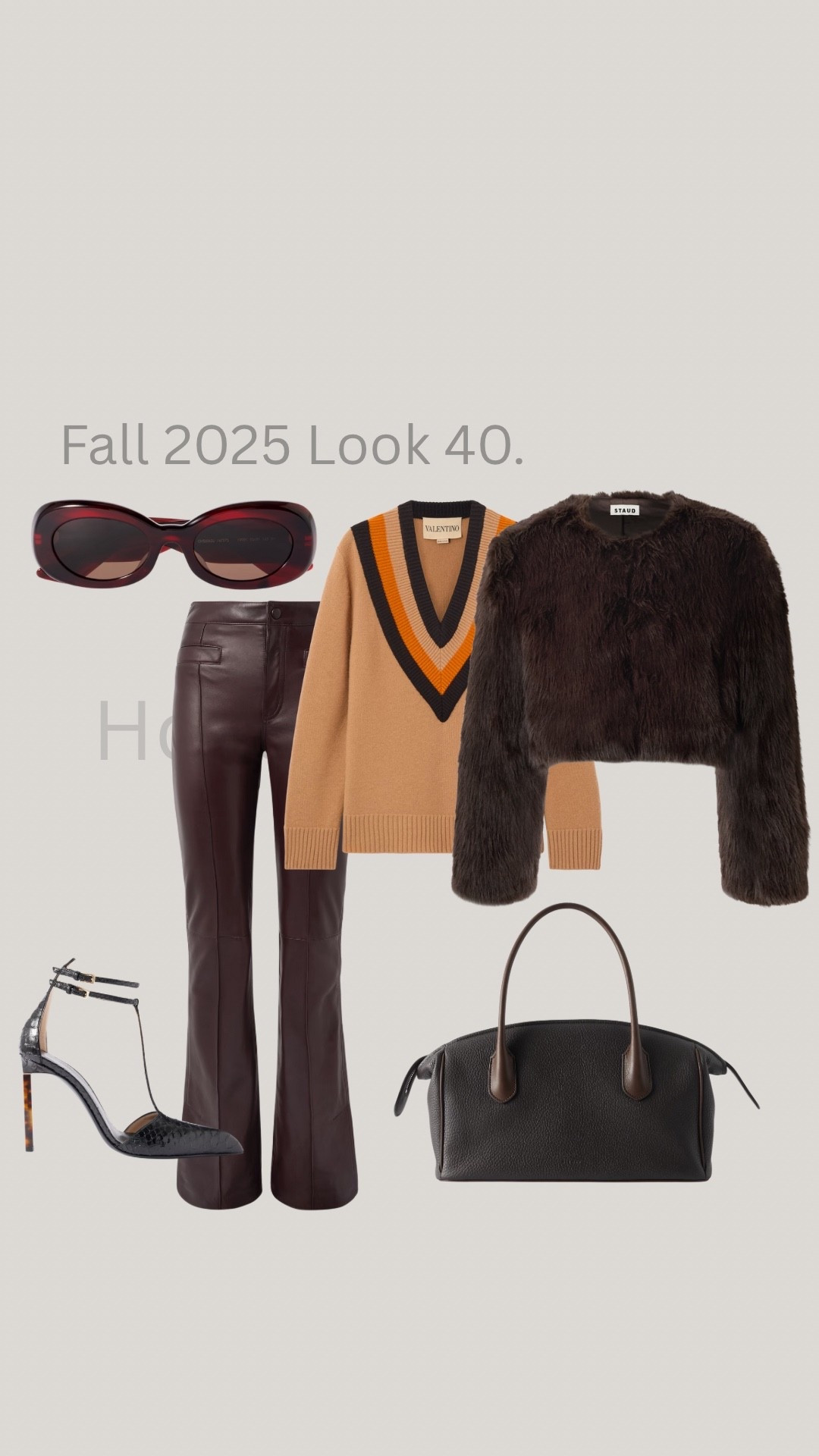 Fall 2025 Look 40. 


Vintage chic for the season: burgundy leather pants paired with a cream sweater featuring orange and brown V-neck stripes. Layered with a cropped fur coat for that elevated, quiet-luxury feel. Styled with T-strap heels, brown sunglasses, and a matching brown bag for a polished, timeless finish.
Perfect for fall and winter outfits, vintage-inspired looks, chic holiday dressing, and elevated everyday style.




vintage chic outfit, burgundy leather pants, cream striped sweater, V-neck stripe sweater, cropped fur coat, t-strap heels outfit, brown sunglasses, brown leather bag, fall fashion 2024, winter outfit ideas, quiet luxury look, NYC winter style, Austin fashion, elevated basics, vintage style inspiration

quiet luxury winter outfits, elevated winter wardrobe essentials, neutral winter outfit ideas, chic cold-weather layering, minimalist winter capsule wardrobe, holiday outfit inspiration for women, festive but minimal holiday style, what to wear to a holiday party, chic New Year’s Eve outfit ideas, holiday gift ideas for her, luxury gifts for her that feel personal, fall-to-winter outfit inspiration, leather pants outfit ideas for winter, timeless coat and boot pairings, winter outfits for everyday elegance

#LTKgrwm #LTKootd #LTKOver40