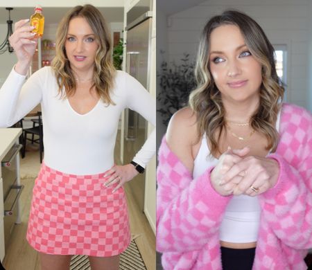 Checkered skirt and sweater from recent videos (Fireball BAC on the left, Galentine’s vlog on the right)