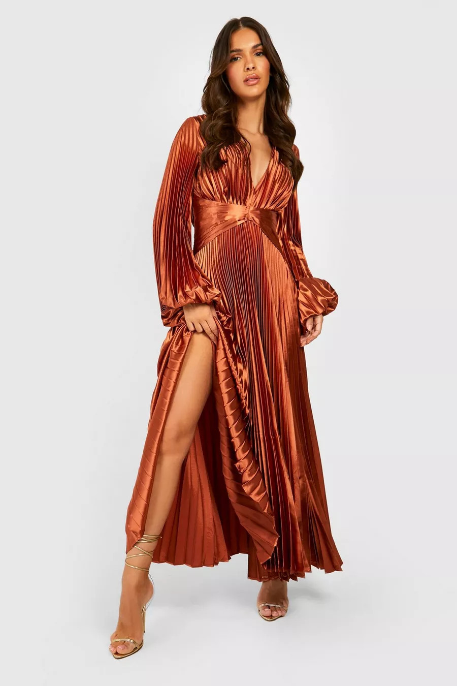 Pleated Satin Oversized Sleeve Midi Dress | boohoo (US & Canada)