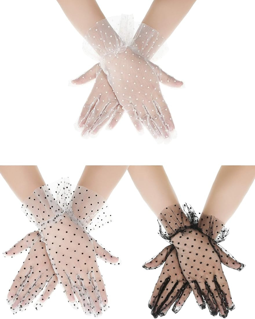 3 Pairs Women Polka Dot Lace Gloves Stretchy Short Floral Gloves Black White for Wedding Tea Part... | Amazon (US)