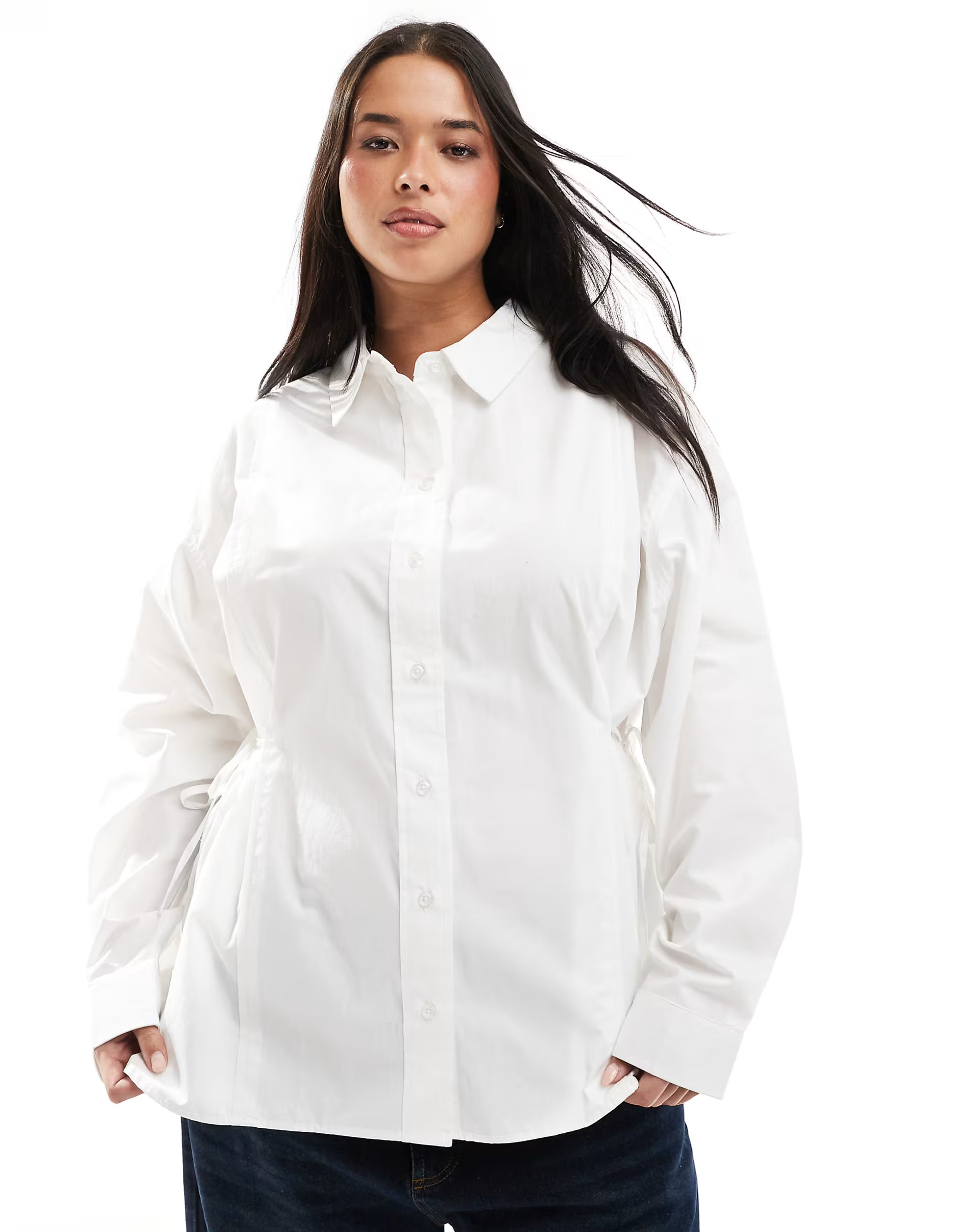 ASOS DESIGN curve long line shirt with tie side detail in white | ASOS (Global)
