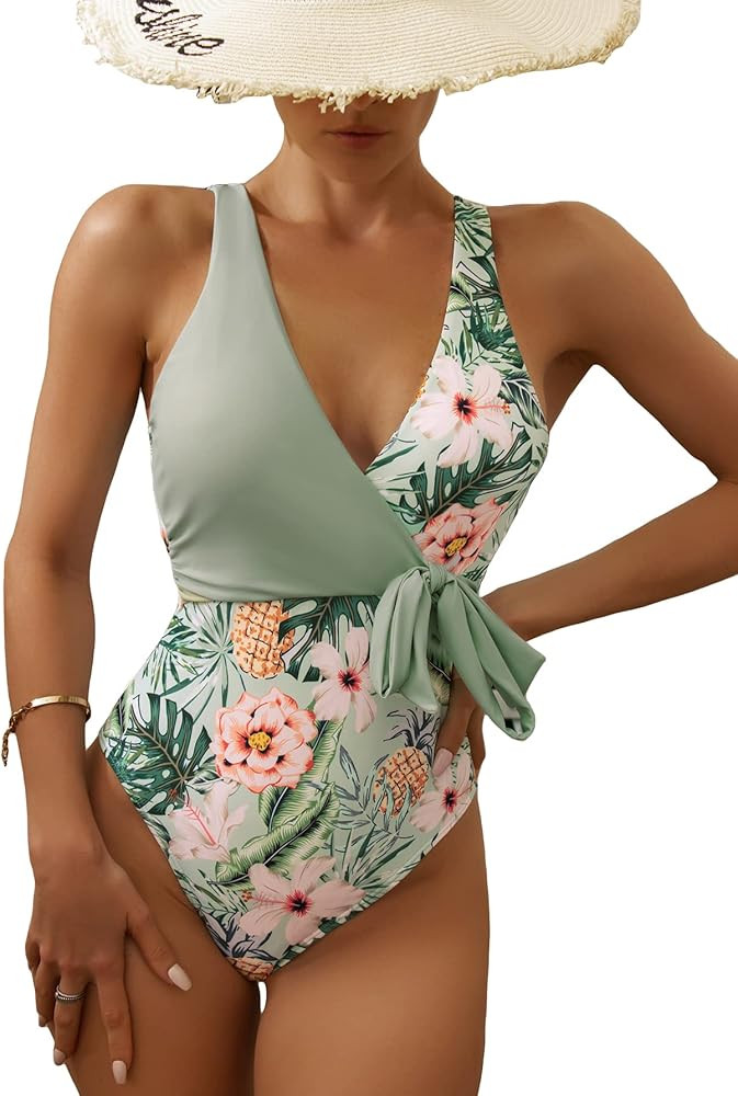 MakeMeChic Women's Tropical One Piece Bathing Suit Floral Wrap Tie Front One Piece Swimsuit | Amazon (US)