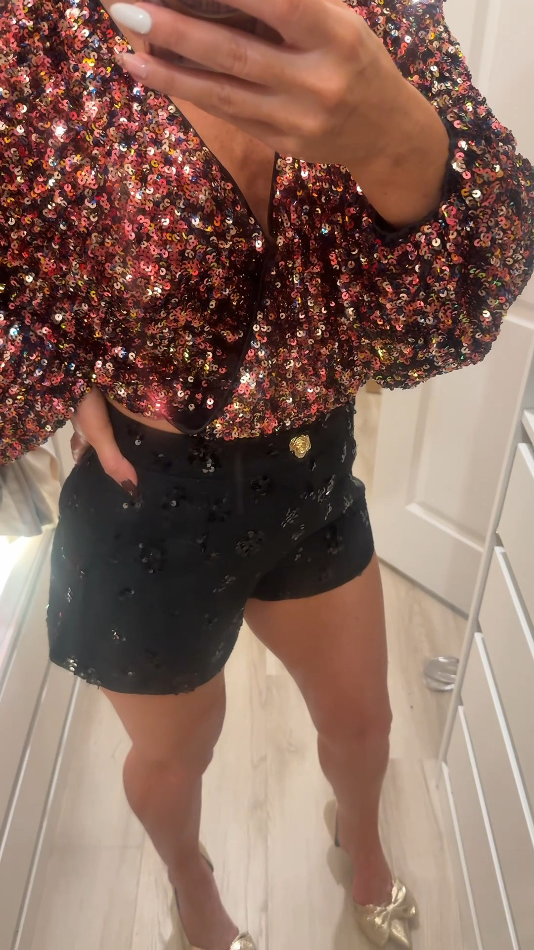 Comfy holiday outfit idea. Tweed sparkling sequins shorts and sequins long sleeve top. True to size. 

#LTKSeasonal #LTKHoliday #LTKFindsUnder50