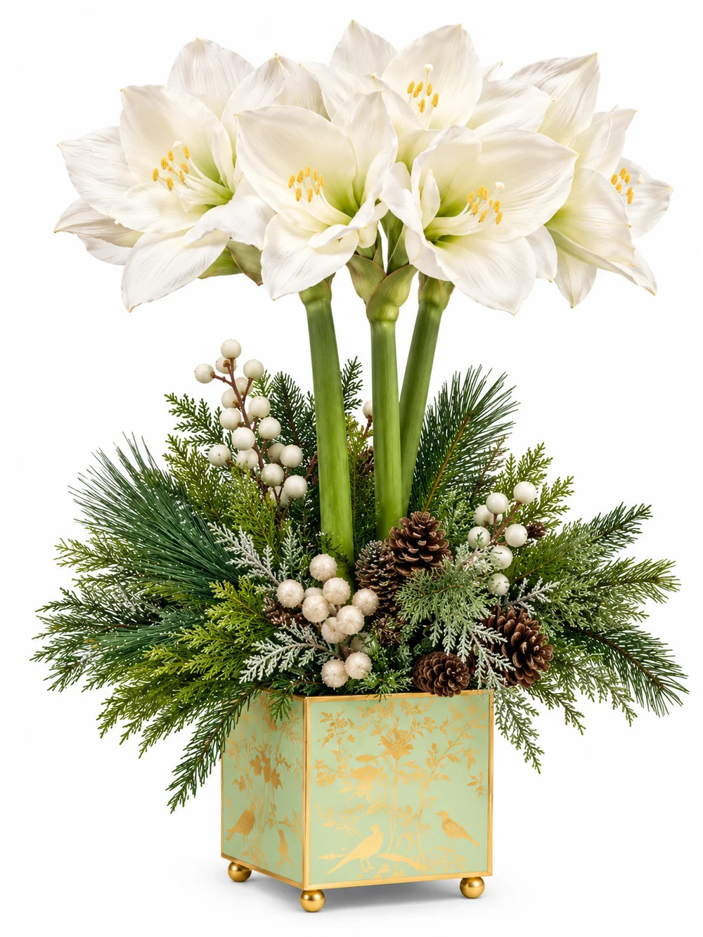 White Amaryllis & Winter Greens in Chinoiserie Planter | The Enchanted Home