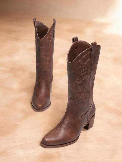 New Arrivals Women's Cowboy Boots Cowgirl Western Boots Mid Calf Boots Fashionable Embroidery Sti... | SHEIN