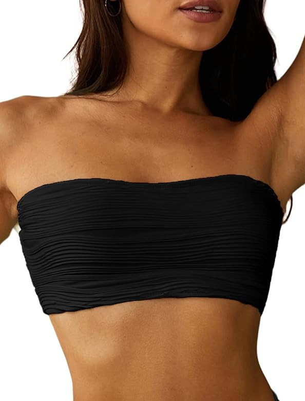 ZAFUL Women Textured Bandeau Bikini Top Lace up Strapless Swimsuit Solid Color High Cut Bathing S... | Amazon (US)