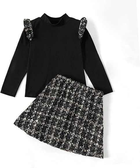 PATPAT Little Big Girls Fall Winter Outfits Girls Skirt Set Pullover Top Tee Black Pleated Plaid ... | Amazon (US)