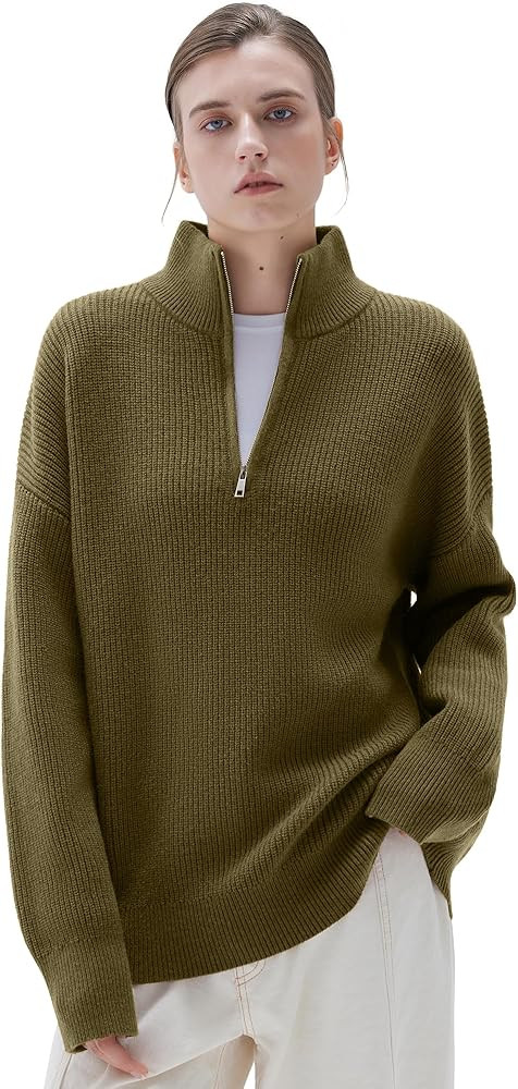 SUUKSESS Women Cashmere Oversized Quarter Zip Pullover Sweater Long Sleeve Collared Ribbed Knit J... | Amazon (US)