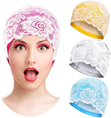 SATINIOR Women Swim Cap Lace Flower Swimming Cap Shower Cap Bathing Caps Elastic Waterproof Swimming | Amazon (US)