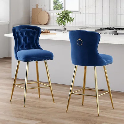 Bar Stools Set Of 2, Velvet Counter Height Bar Stools With Metal Legs, Button Tufted And Nailheads Trim, Wing-Back Bar Chairs For Kitchen Island Dinin | Wayfair North America