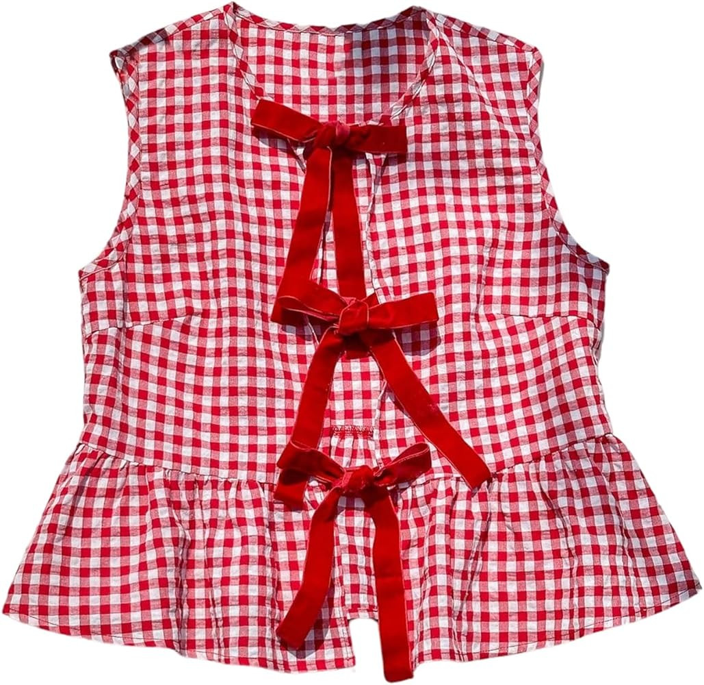 SweatyRocks Women's Bow Sleeveless Peplum Blouses Tie Front Gingham Plaid Summer Ruffle Hem Shirt... | Amazon (US)