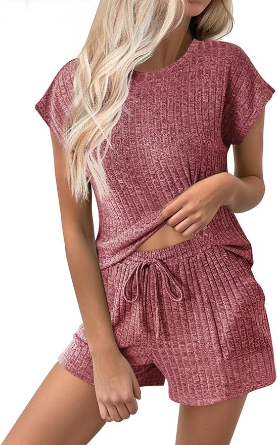 Ekouaer Pajamas for Women Ribbed Knit Lounge Set Cap Sleeve Top and Shorts Loungewear Sleepwear w... | Amazon (US)