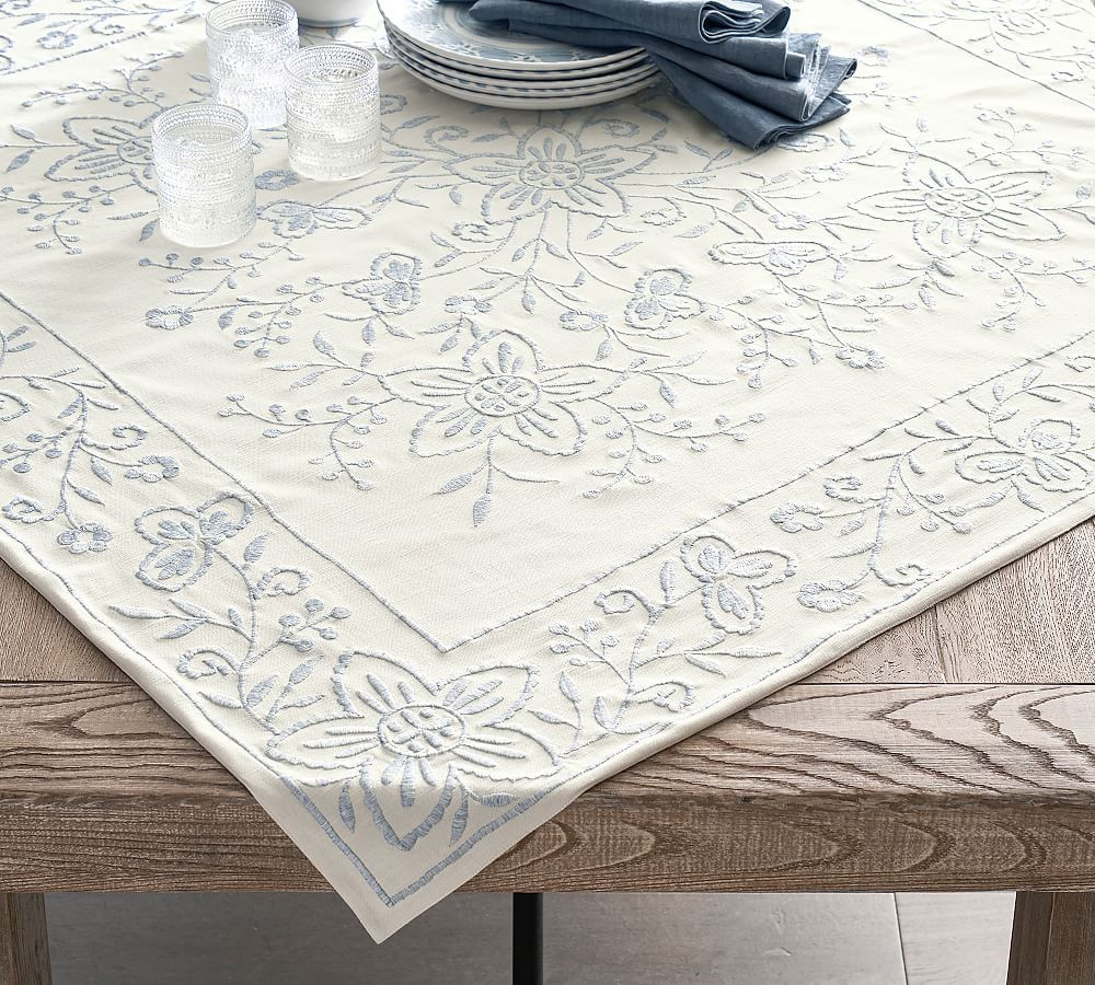 Chambray Floral Embroidered Cotton Table Throw | Pottery Barn (US)