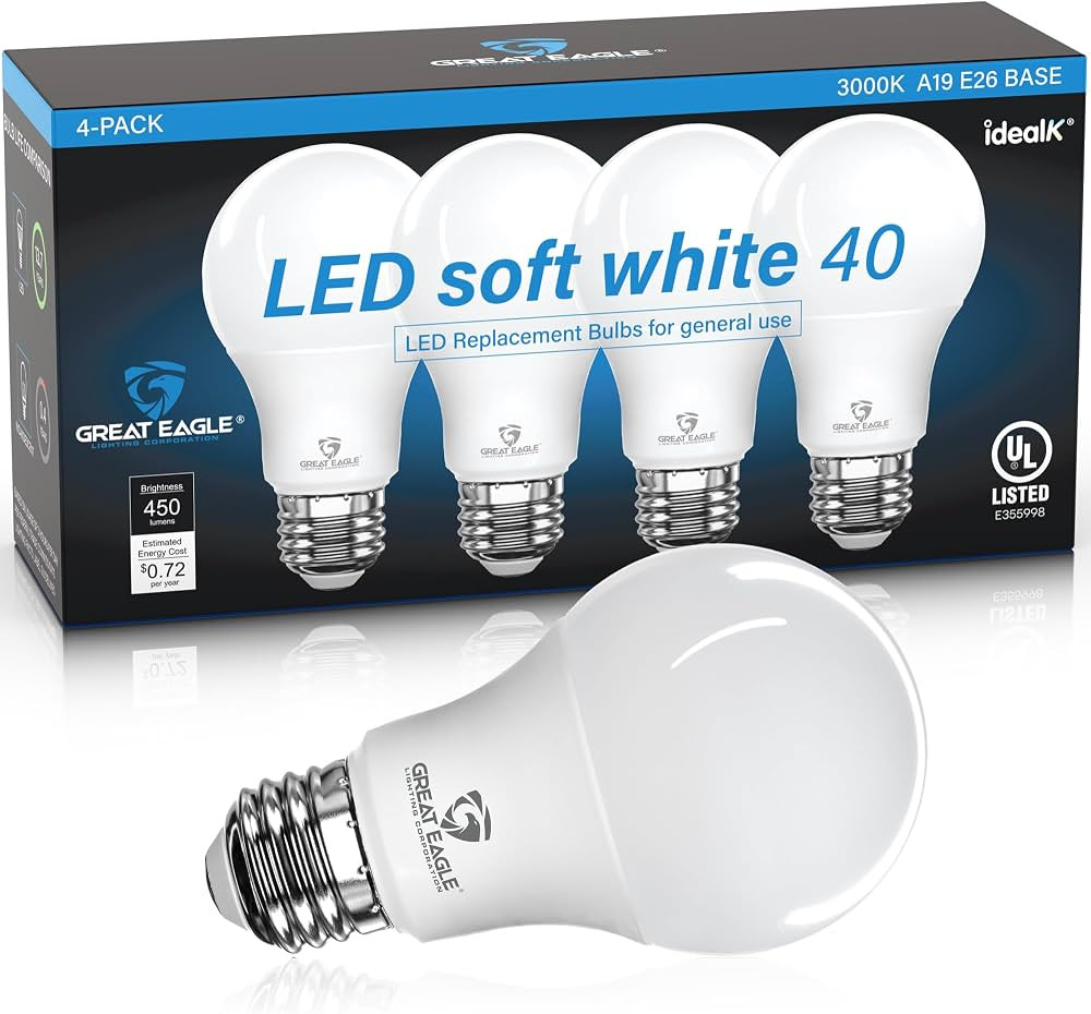 Great Eagle A19 LED Light Bulbs 40 Watt Equivalent - UL Listed - 3000K 40 Watt LED Light Bulbs So... | Amazon (US)