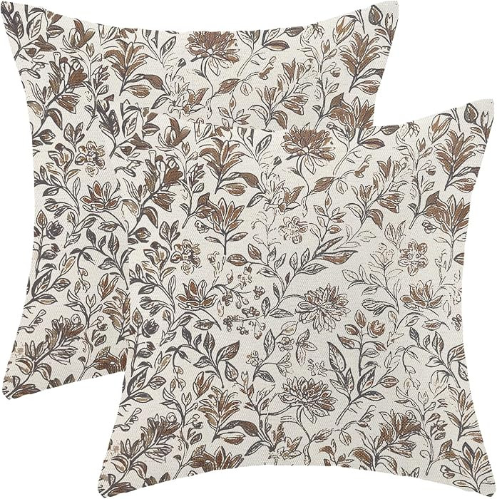 Brown Flower Pillow Covers 18x18 Inch Set of 2, Shabby Floral Outdoor Decorative Neutral Flower T... | Amazon (US)