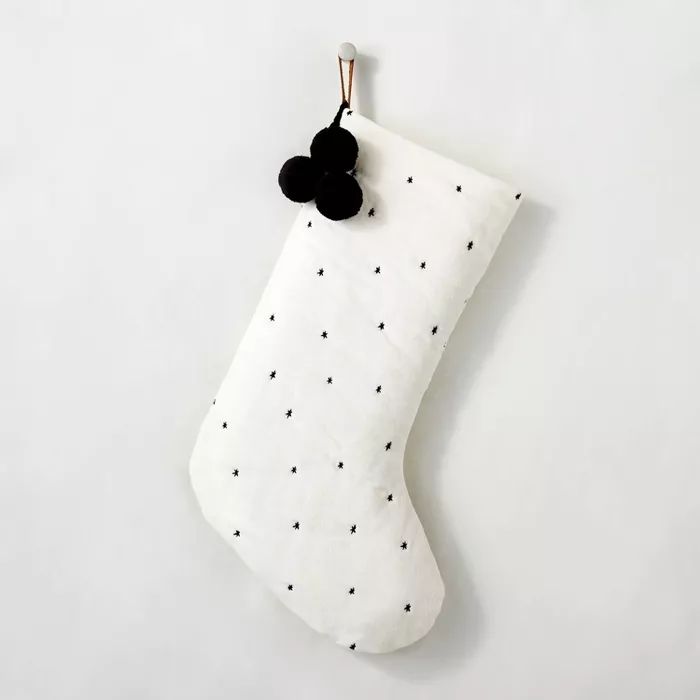 Rustic Star Stitched Poms Holiday Stocking Black/Cream - Hearth & Hand™ with Magnolia | Target