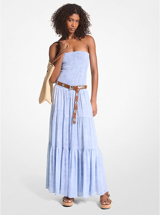 Chambray Print Smocked Georgette Maxi Dress | Michael Kors US