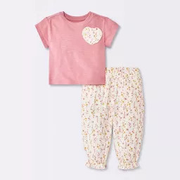 Baby Girls' Heart Pocket Short Sleeve and Floral Joggers Set - Cloud Island\u2122 Pink Newborn | Target