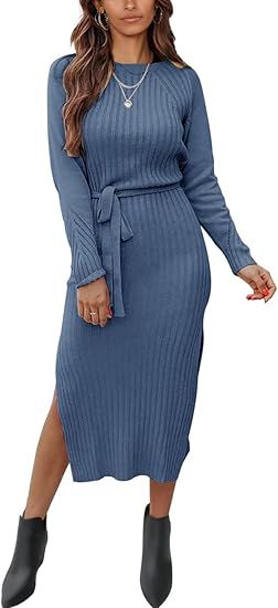 PRETTYGARDEN Women's Long Sleeve Crewneck Two Side Slit Tie Waist Slim Fit Sweater Dress Ribbed K... | Amazon (US)