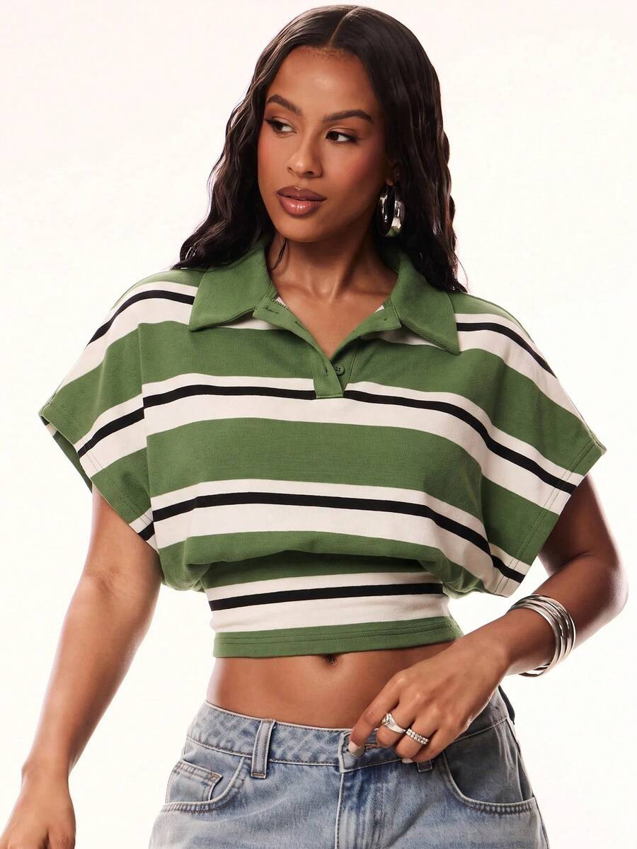 Denimoi Cinched Waist Collared Top Fashion Tops Striped Polo Summer Fashionable Streetwear Polo S... | SHEIN