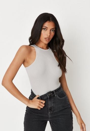 Recycled Tall Gray Rib Racer Knit Bodysuit | Missguided (US & CA)