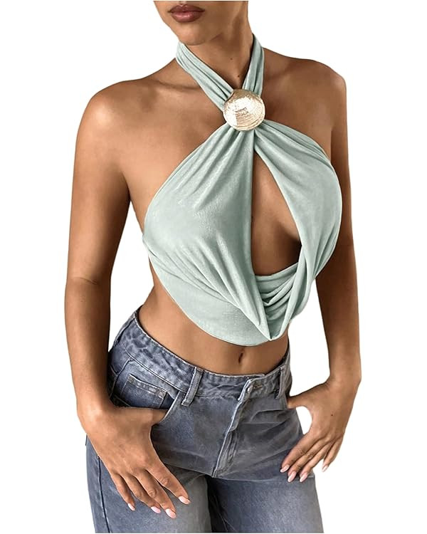 SOLY HUX Women's Backless Halter Crop Top Cowl Neck Tie Back Sexy Going Out Tops Vacation Outfits | Amazon (US)