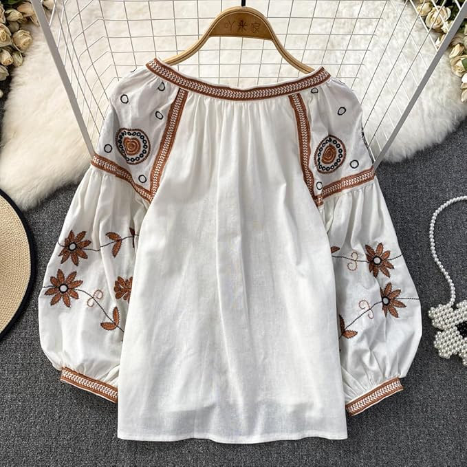 Womens Embroidered Shirt Long Sleeve Peasant Blouse Lantern Sleeve Boho Tops V Neck Loose Lightwe... | Amazon (US)