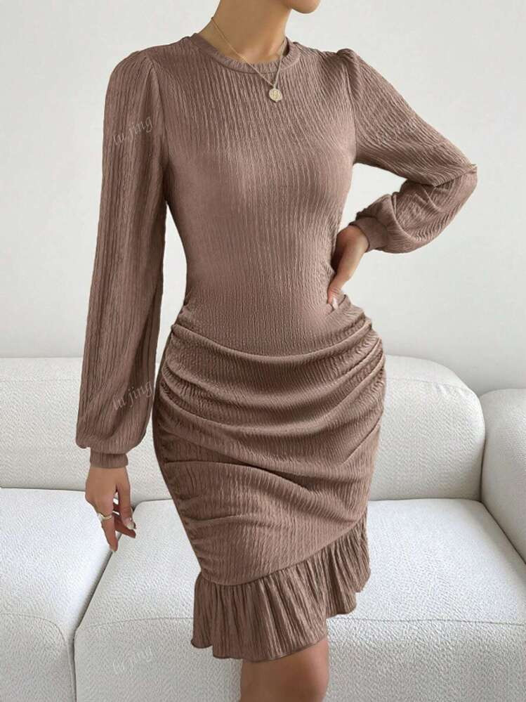 Women's Solid Color Ruffle Trim Long Sleeve Dress | SHEIN