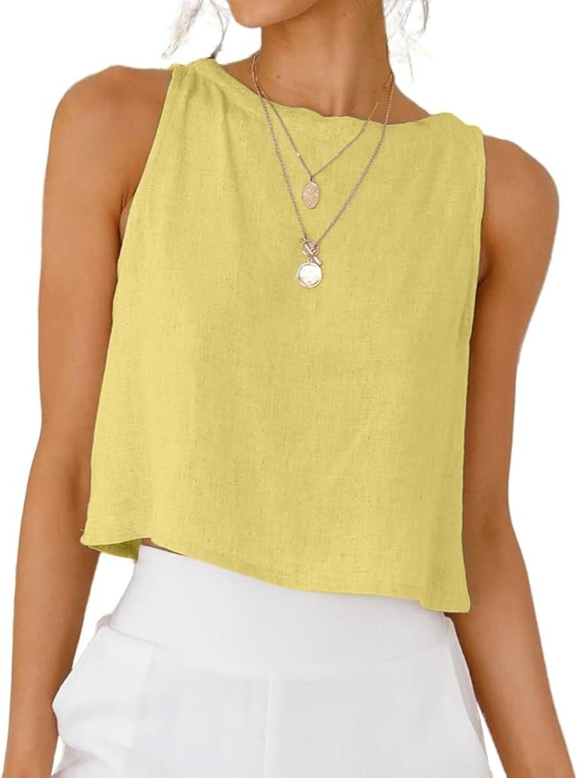 IDEALSANXUN Womens Linen Crop Tank Tops 2026 Spring Summer Beach Sleeveless Tops | Amazon (US)