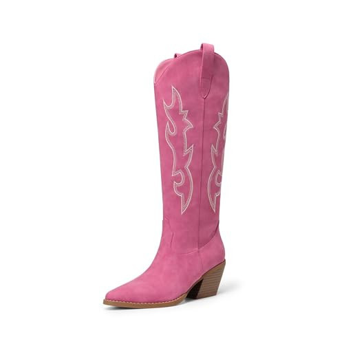 DREAM PAIRS Cowgirl Boots Women Knee High Cowboy Boots Pointed Toe Chunky Block Heel Suede Tall Western Boots with Embroidered,Size 8,Hot Pink,SDKB26001W | Amazon (US)